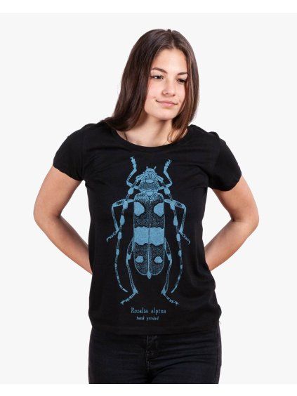 CZ : Dámské tričko s broukem tesařík alpský, organická bavlna, autor Lucie Tatarová  / ENG: Women t-shirt with beetle Rosalia alpina, organic cotton and hand printed by water based inks, artist : Lucie Tatarova